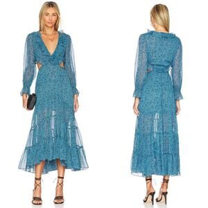 NWT MISA Los Angeles Cerulean Ditzy Floral Amelia Cutout Ruffle Maxi Dress Sz L